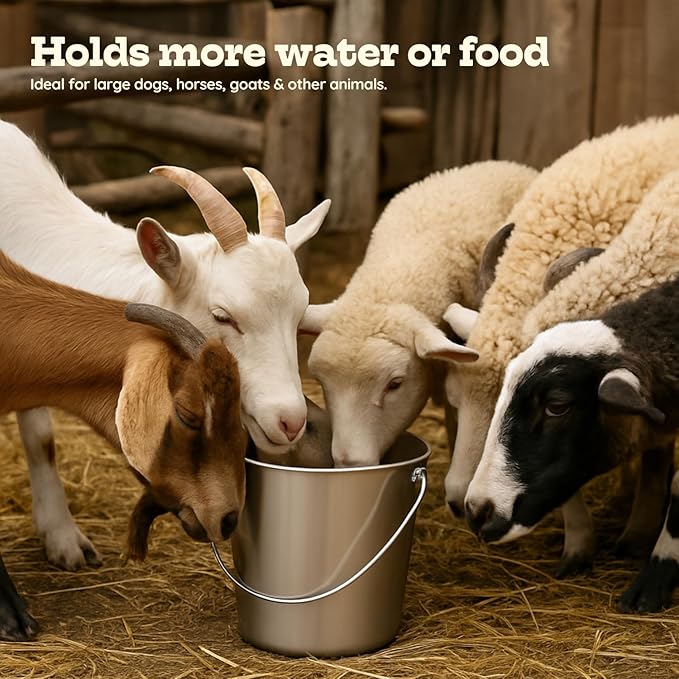 13 quart Heavy Duty Stainless Steel Round Bucket with Handle | 3.25 gal Sturdy Food & Water for XXL Dogs Goats sheep Horse & Livestock | Fits kennel Crate Cage Farm | Hanging Utility Pail