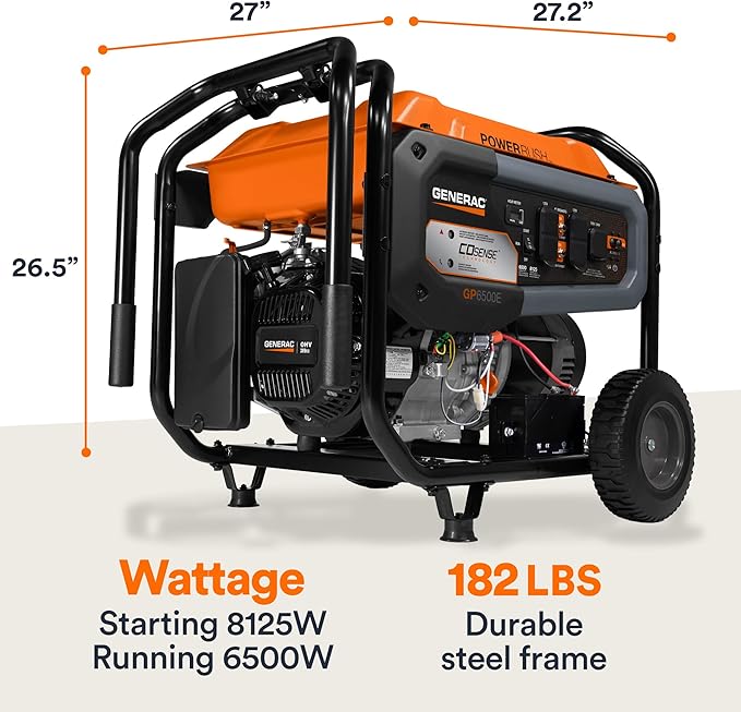 Generac 8,125 Starting Watt Gas-Powered Portable Generator - COsense Technology - PowerRush Advanced Technology - Reliable Power for Emergencies, Recreation, Home - 49 State Compliant