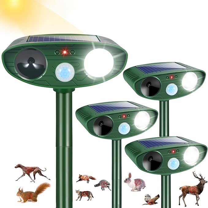 4 Pcs Solar Ultrasonic Animal Repeller Outdoor, Cat & Deer Repellent with Strobe Light, Waterproof Animal Deterrent Devices to Protect Garden Yard from Rabbit, Raccoon, Squirrel, Dog, Coyote, Skunk