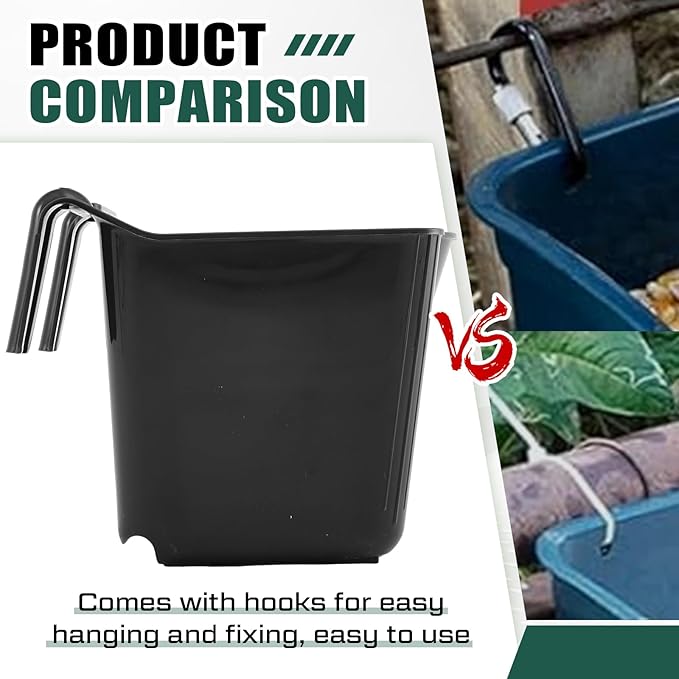 Marsui 4 Pack 15 Quart Horse Feeders for Stall Hook Over Hanging Fence Hay Feeder Mountable Livestock Plastic Feed Bucket for Farm Stalls Pasture, Stable to Feed Horses Sheep Cattle Cows Etc(Black)