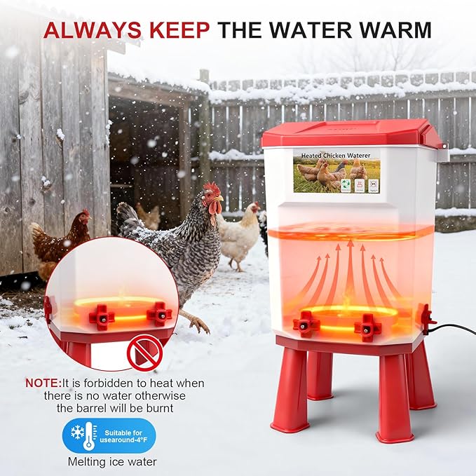 Heated Chicken Waterer Chicken Water with Heater for Winter with 4 Horizontal Nipples and Detachable Legs,3 Adjustable Heights,Poultry Drinker for Chicks, Ducks and Quail Polypropylene 3 Gallon