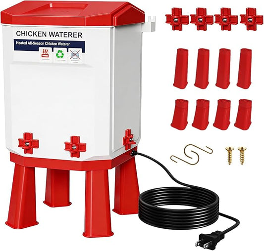 3-Gallon Heated Chicken Waterer Freeze-Proof Poultry Waterer with Heater and 4 Nipples, Easy-Fill Design, Low Maintenance for Winter, Ideal for Chickens, Ducks & Quail (Red, 12L)