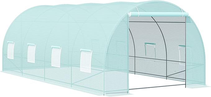 Outsunny 20' x 10' x 7' Walk-in Tunnel Greenhouse, Garden Warm House, Large Hot House Kit with 8 Roll-up Windows & Roll Up Door, Steel Frame, Green