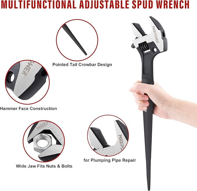 MAXPOWER 16-inch Adjustable Construction Spud Wrench, 4 in 1 Multifunctional Use for Spud Wrench, Adjustable Wrench and Hammer, Max Jaw Capacity Ups to 1.57"