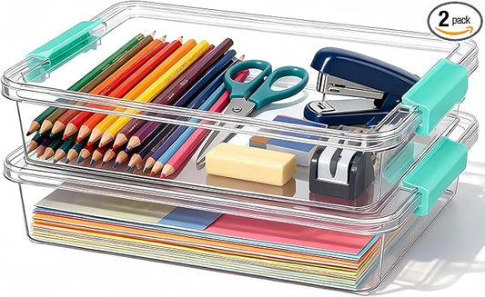 6 Qt Clear Plastic Storage Bins Containers with Lids, Arts Crafts Organizers and Storage, Stackable Containers for A4 Paper File Scrapbook Documents for Home Office and School Supplies 2 Pack