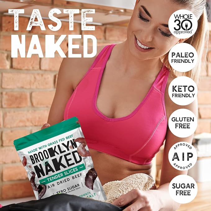 Brooklyn Naked Tender Slices Air Dried Grass Fed Beef Snack, Stripped down Clean Beef Jerky (2oz, Pack of 8) - AIP, Approved, Whole30 Approved, Paleo, Keto, Gluten Free, Sugar Free, Made in USA - (Naked Classic)