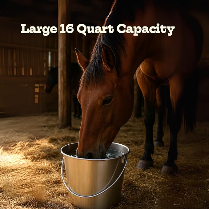 16 quart Heavy Duty Stainless Steel Round Bucket with Handle | 4 gal Sturdy Food & Water Bowl for XL Dog Goat sheep Horse & Livestock | Fits kennel Crate Cages Farm | Hanging Utility Pail