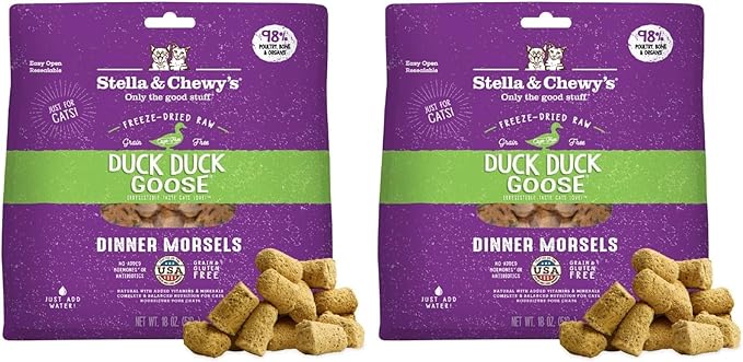 Stella & Chewy's Freeze-Dried Raw Cat Dinner Morsels - Premium Duck & Goose Recipe with 98% Cage-Free Poultry & Organs - Natural Grain-Free Cat & Kitten Food - Made in USA - 18 oz (Pack of 2)