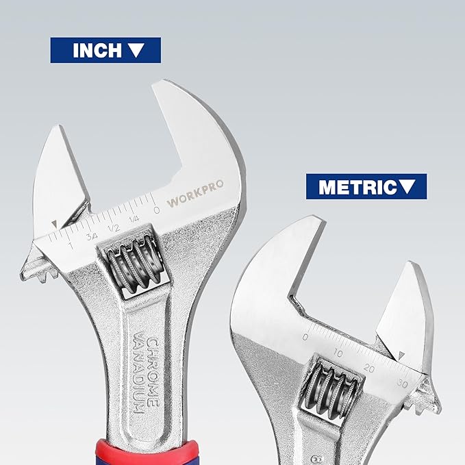 WORKPRO 8-inch Adjustable Wrench, Wide Jaw Opening Wrench with Rubber Anti-slip grip, Metric/SAE Scales, Premium Cr-V Steel, Chrome Plated