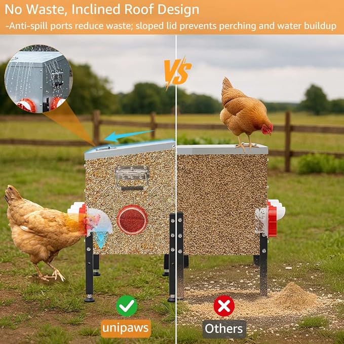 unipaws 50 LBS Automatic Chicken Feeder with 8 No-Waste Ports, 4 Height Adjustments, Weatherproof Metal Poultry Feeder with See-Through Window & Inclined Roof for Chickens & Ducks