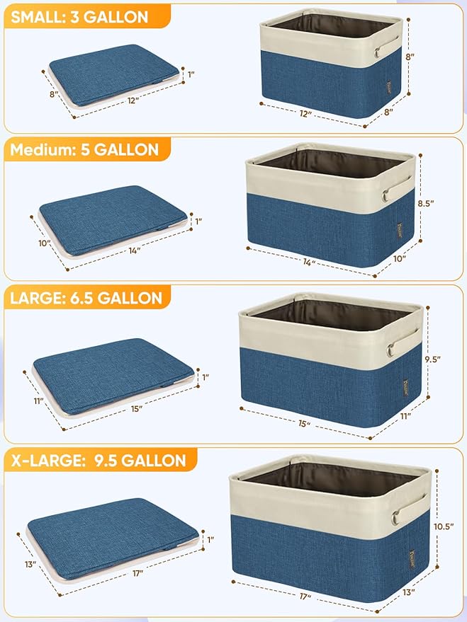 BALEINE 4 Pack Fabric Storage Bins for Shelves, Linen Storage Baskets for Organizing, Decorative Closet Bins for Clothes, Home (Navy Blue, 14''x10''x8.5'')