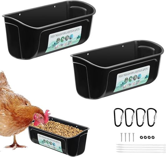 2 Pack Chicken Duck Feeder, Poultry Feeders and Waterers, Hanging Goat Feeder, Livestock Feeding Container, Feed Trough and Waterer Bucket with Clips(Black)