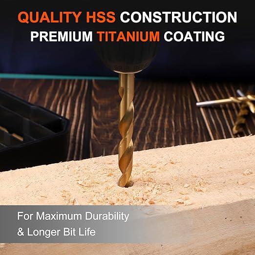 COMOWARE 100 Pcs Titanium Drill Bit Set - High Speed Steel for Steel, Wood, Plastic, Metal, Copper, Aluminum Alloy with Storage Case, 3/64"-3/8"