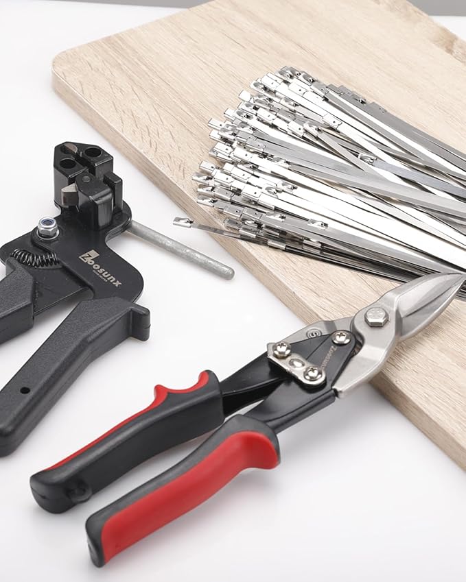 Metal Zip Ties Toolkit. Stainless Steel Cable Tie Tensioner, 100PCS 11.8" Metal Zip Ties Heavy-Duty & 10" Aviation Tin Snips – for Fence, Pipe, Outdoor and Repairs.(100pcs+Tool+Snips, SILVER)