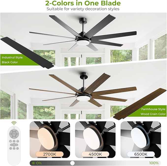 72 Inch Ceiling Fans with Lights and Remote, Outdoor Indoor Black LED Big Ceiling Fan Reversible 24db Quiet DC Motor, 6 Speed 3CCT Dimiable, Modern Ceiling Fans for Patios Living Room Farmhouse Garage