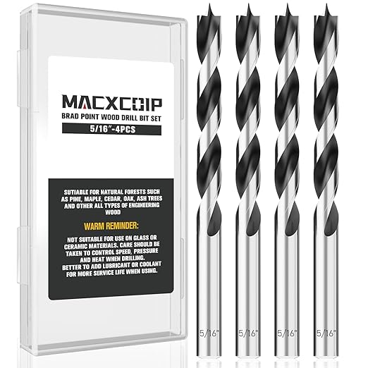 5/16" Brad Point Wood Drill Bit Set, 4Pcs Drill Bit Set with Double Flutes Design for Carpenter Woodworking and All Types of Wood