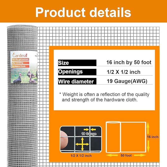 16in x 50ft 19 Gauge 1/2 Inch Hardware Cloth - Double Hot-Dipped Galvanized After Welding Steel Mesh - Duty Rust Proof Fencing for Gardens, Chicken Coops & Poultry Animal Netting Cage Screen