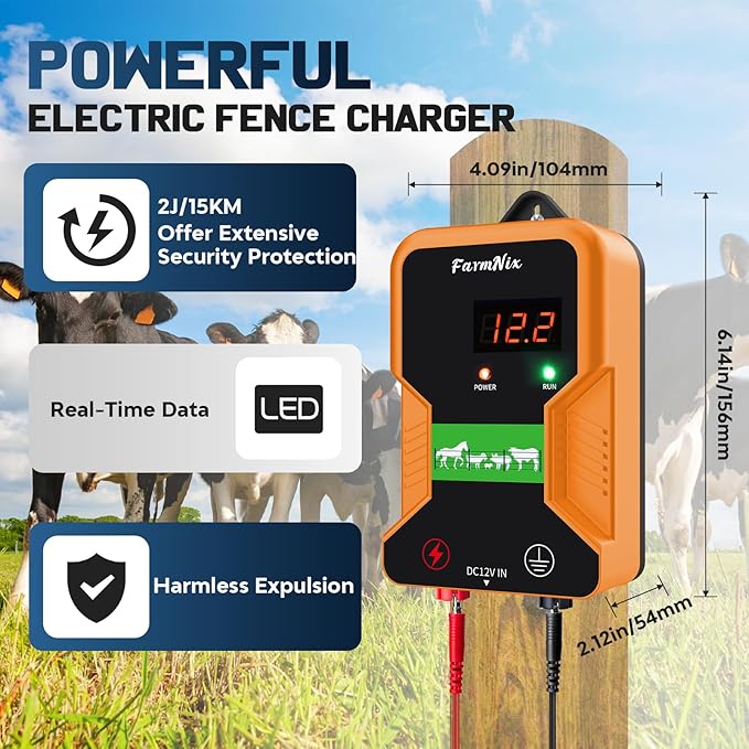 12 kV Electric Fence Charger with LED Display,2 Joule Pulse Energy,Covering up to 15 KM,Waterproof,Ideal for Home Pastures and Gardens by Containing Dogs,Livestock,Pets and Poultry