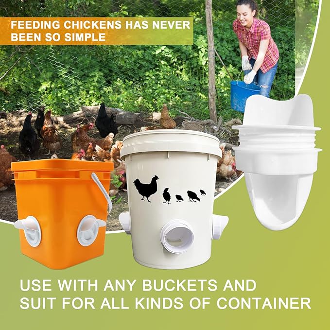 Chicken Feeder Port No Waste, Automatic Chicken Feeder Cups for Rain Proof Poultry Feeder Gravity Feed, DIY Fit for Buckets, Barrels, Bins (4 Ports,1 Hole Saw)