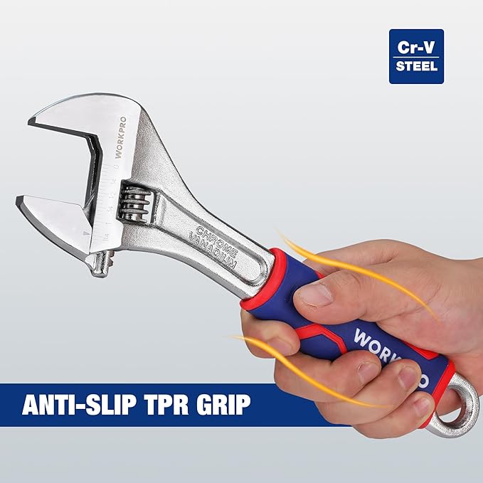 WORKPRO 10-inch Adjustable Wrench, Wide Jaw Opening Wrench with Rubber Anti-slip grip, Metric/SAE Scales, Premium Cr-V Steel, Chrome Plated