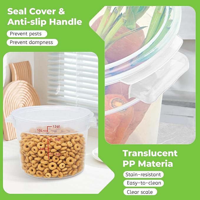 4 Pack Round Food Storage Containers with Lids, 12Qt Translucent Commercial Food Container, Polypropylene, BPA Free, Includes Labels & Measuring Cups