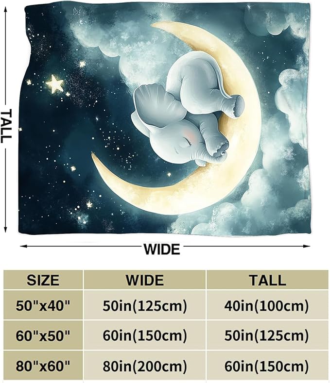 Elephant Throw Blanket Ultra Soft Cozy Cute Elephant on Moon Blanket Fleece Fuzzy Plush Elephant Lovers Decor Gifts for Women Girls Adults Couch Sofa 60"x50"