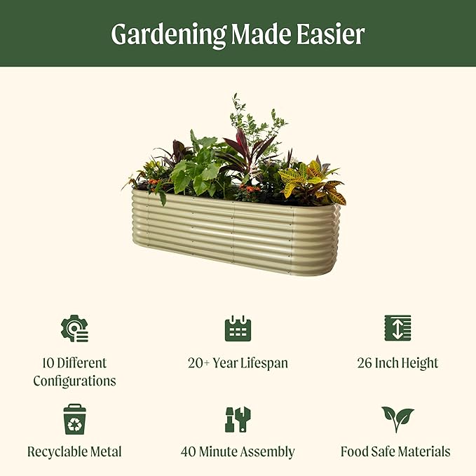 Vego garden 10 in 1 Raised Garden Bed Kits, 26" Extra Tall Modular Raised Planter Box for Vegetables Flowers Fruits Oval Metal Raised Garden Olive Green