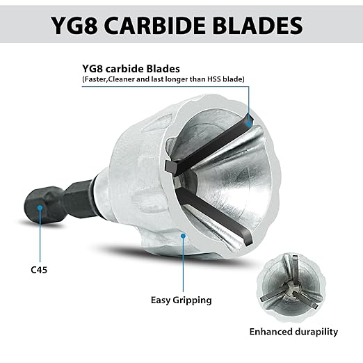 Deburring External Chamfer Tool with YG8 Carbide Blade, Deburring Drill Bit Set, Remove Burr Tools with Quick Release Shank, Repair Tools for Damaged Bolts Fits for 1/8"- 3/4" (3mm-19mm)