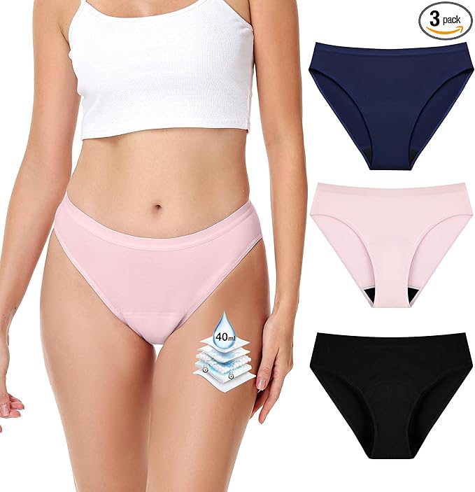 Battewa Leak Proof Underwear Discreet Incontinence Bikini Panties 40ml Absorbent Cotton Underwear with Odor Control 3 Pack (Pink/Navy/Black,Medium) Ultra Comfort for Teens & Ladies