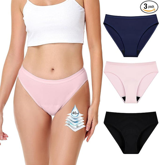 Battewa Leak Proof Underwear Discreet Incontinence Bikini Panties 40ml Absorbent Cotton Underwear with Odor Control 3 Pack (Pink/Navy/Black,Medium) Ultra Comfort for Teens & Ladies