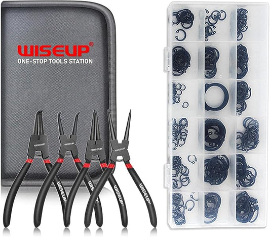 WISEUP Snap Ring Pliers Set With 225pcs Retaining Ring Set, 4PCS-7 inch Circlip Pliers Kit,Straight/Bent Jaw Pliers Tips C-Clip Pliers for Ring Remover with Storage Pouch