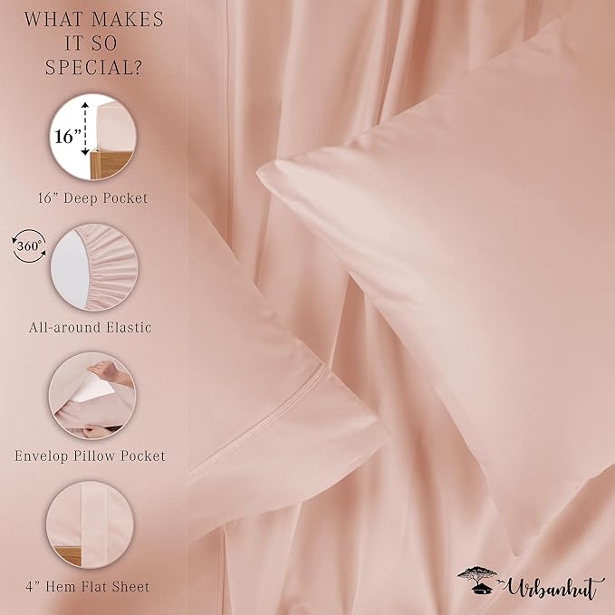 URBANHUT 1000 Thread Count Egyptian Cotton Full Size Sheet Set 4 Pc Bed Sheets, Soft & Breathable, Luxury Hotel Sheets Fits 16" Elasticized Deep Pocket, Sateen Weave, Solid - Blush Pink