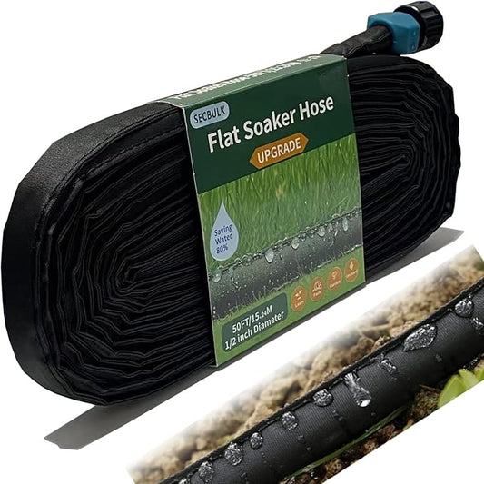 2025 Flat Soaker Hose 50 ft for Garden, 50' Linkable Drip Hose Diy Garden Irrigation System Saving 80% Water, Dual-layer Leak-free Design Water Hose with Holes