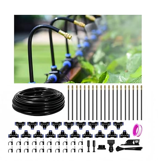 60 Ft Drip Irrigation System-Garden Drip Irrigation Kit with 19 pcs 360°Adjustable Copper Nozzles Automatic Atomizing Watering Irrigation System for Garden, Lawn, Greenhouse, Potted, 5/16 Inch Hose