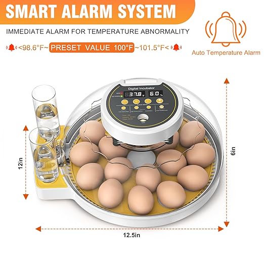 18 Egg Incubator with Humidity Display, Automatic Temperature Control and Egg Turner, Auto Water Replenishment for Hatching Chickens Quail Duck Goose (Yellow)