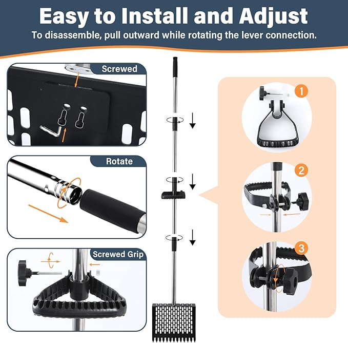 2 in 1 Chicken Poop Scooper & Rake, 10 Inch Sand Sifting Shovel with 35" to 62" Adjustable Stainless Steel Handle, Durable Litter Cleaner with Ergonomic Grip Gloves for Chicken Coop Farm Animal(Black)