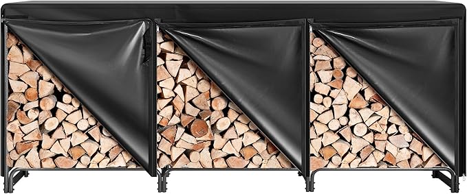 VIVOHOME 10 ft Heavy Duty Firewood Rack Outdoor with Cover, Fire Wood Storage Rack, Log Holder and Cover Combo Set with Zipper, Black