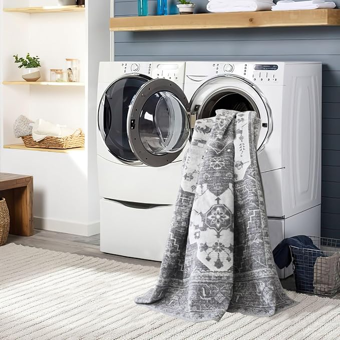 vivorug 8x10 Area Rugs, Stain Resistant Washable Rug for Living Room, Vintage-Inspired Grey Floral Rug