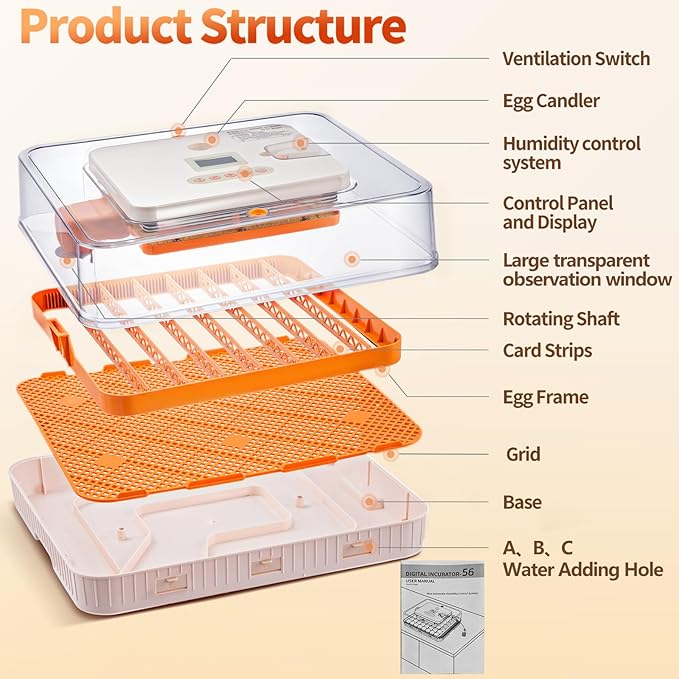 56 Egg Incubators for Hatching Eggs, Automatic Egg Turning and Humidity Temperature Control, Egg Candler, 360° Viewing Incubator for Hatching Chicken, Ducks, Goose, Quail