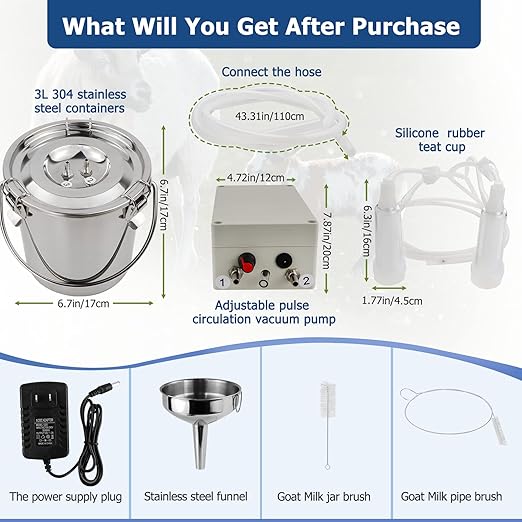 2025 Upgrade 3L Goat Milking Machine, Continuously Adjustable Suction Pulsation Vacuum Electric Milker, Portable Livstock Milking Machine with Stainless Bucket(US Plug)(3L Goat)