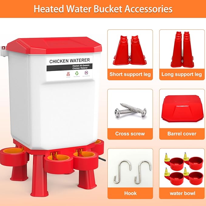 Heated Chicken Waterer, Plastic Chicken Water Heater, Anti-Freeze Heated Poultry Drinker with 4 Cups, Winter and Summer Dual-use, Poultry Water Heater for Chickens, Ducks, Geese - Red 7L