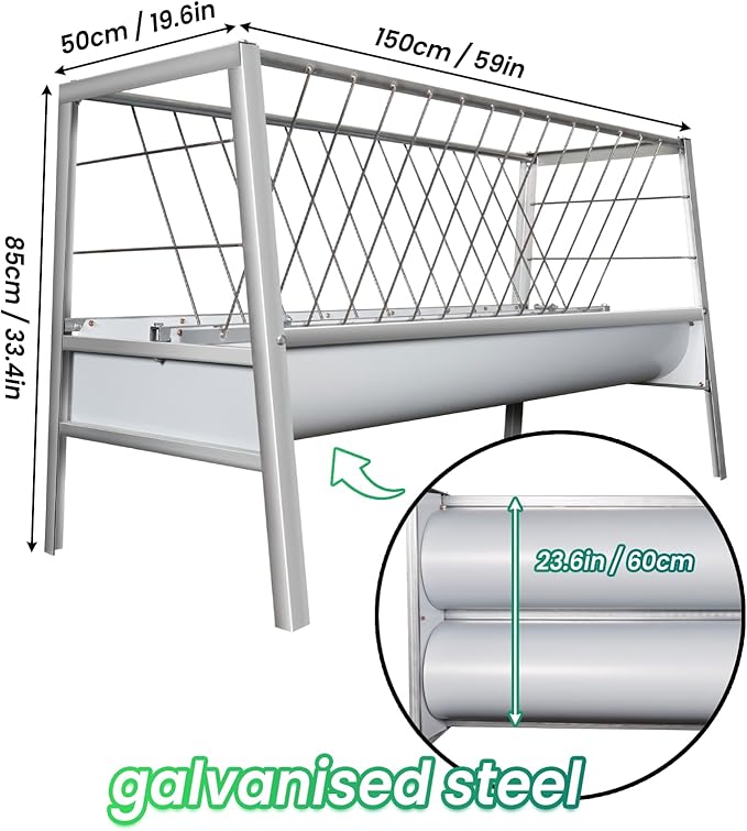 99 Gallon Pasture Hay Feeder, 2 in 1 Galvanised Steel Goat Hay Feeder with Deeper Feeding Pan for Goat Sheep Horse, Detachable Livestock Feeder Ease of Assembly in Farm Outdoor, Silver