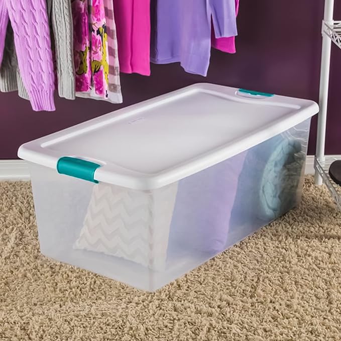Sterilite 4 and 6 Pack Latching Storage Bins, Plastic Organizing Lidded Totes, 106 Qt and 64 Qt