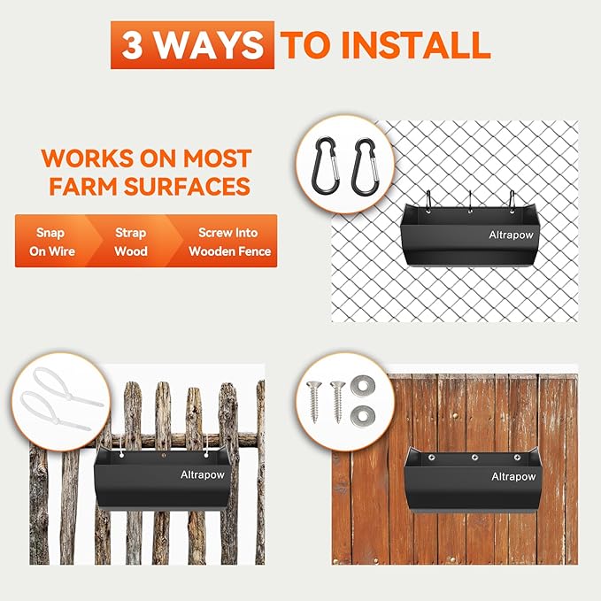 4.5 Quart Hanging Goat Feeder [Material of Metal] with Clips and Nylon Tie Wraps, Fence Feeder [Sturdy and Durable] for Goat, Pig and Dog, Black, 4 Pack