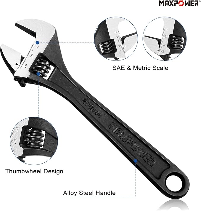 MAXPOWER Adjustable Wrench Set, Forged, Heat Treated, Black Phosphate Finish Adjustable Wrenches, 4 Pack (6-inch, 8-inch, 10-inch, 12-inch)