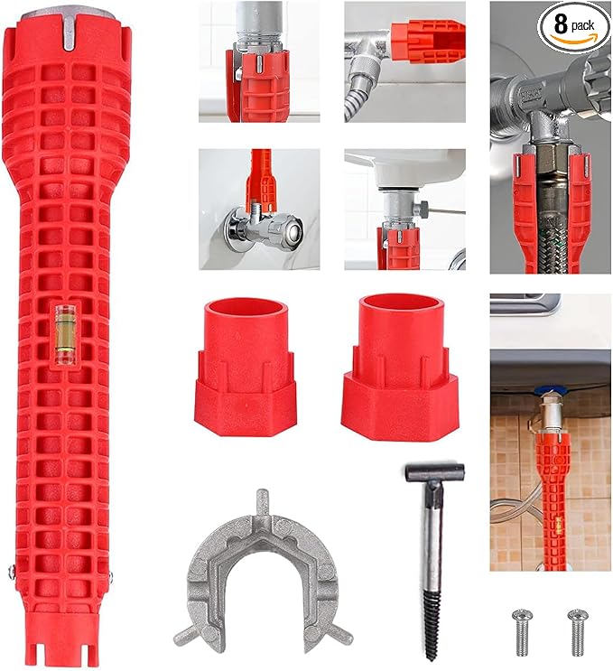 8 in 1 Faucet Wrench Tool, Water Pipe Wrench with Comfortable Grip, Tap Spanner for Tight Space, Multi-Functional Tap Spanner Set for Sink, Bathroom and Kitchen Plumbing Repair