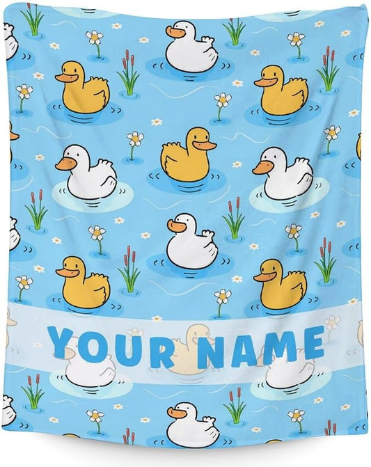 Personalized Duck Throw Blanket with Name- Soft, Fuzzy & Warm- 30x40 Inches Lap Size Blanket for Couch, Office - Blue Cute Throw Gift for Girls, Boys