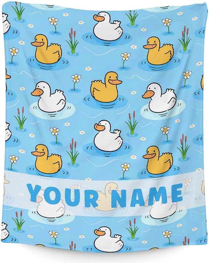Personalized Duck Throw Blanket - Soft, Fuzzy & Warm - 60x80 Inches Twin Size Blanket for Bed, Couch - Blue Cute Throw Gift for Girls, Boys