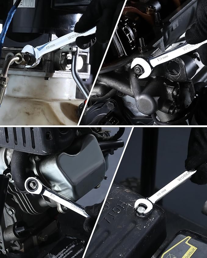 WORKPRO 1/2" Ratcheting Combination Wrench SAE, CR-V Constructed with Mirror Polish Chrome Plating, 12-Point Design, 15-Degree Offset