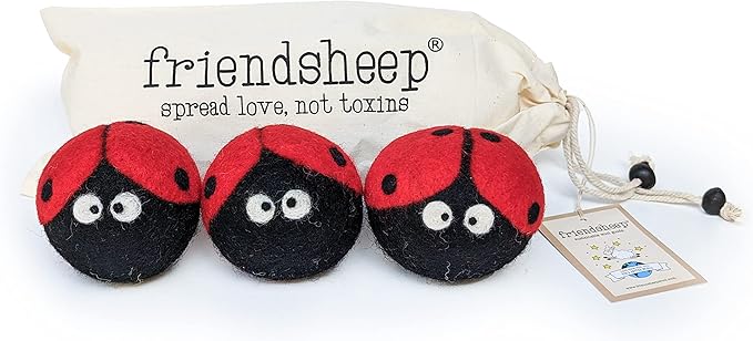 Friendsheep Wool Dryer Balls, Organic Reusable Fabric Softener Alternative for Laundry, Handmade, Fair Trade, Hypoallergenic, Eco-Friendly, Plastic-Free (3 Pack XL – Ladybug)